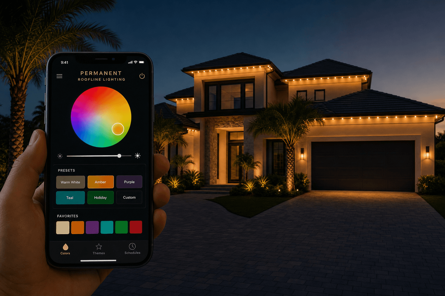 A Florida home at dusk with warm white LED roofline lighting outlining the roofline