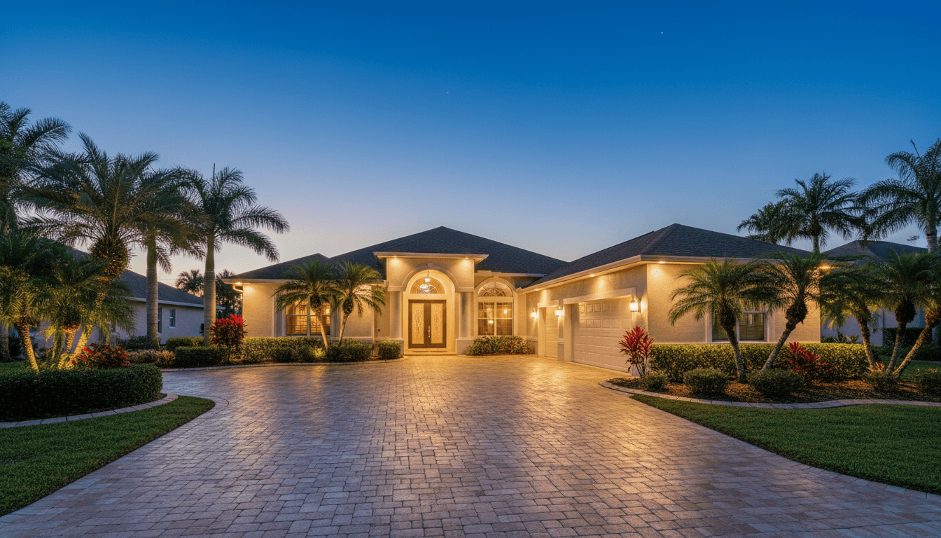 Florida home at dusk with warm roofline lighting and sealed paver driveway