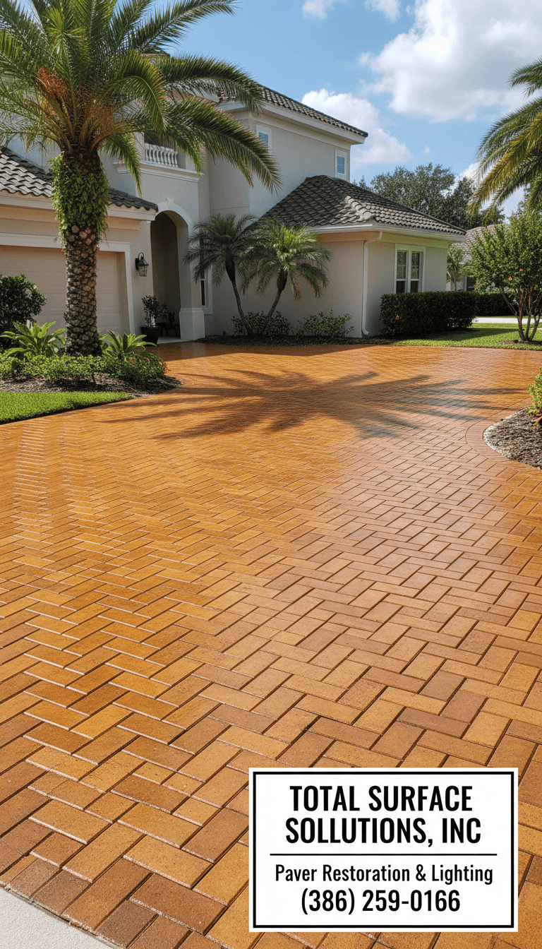 Freshly sealed pavers in warm amber tones with clean grout lines, Palm Coast driveway after professional cleaning and sealing