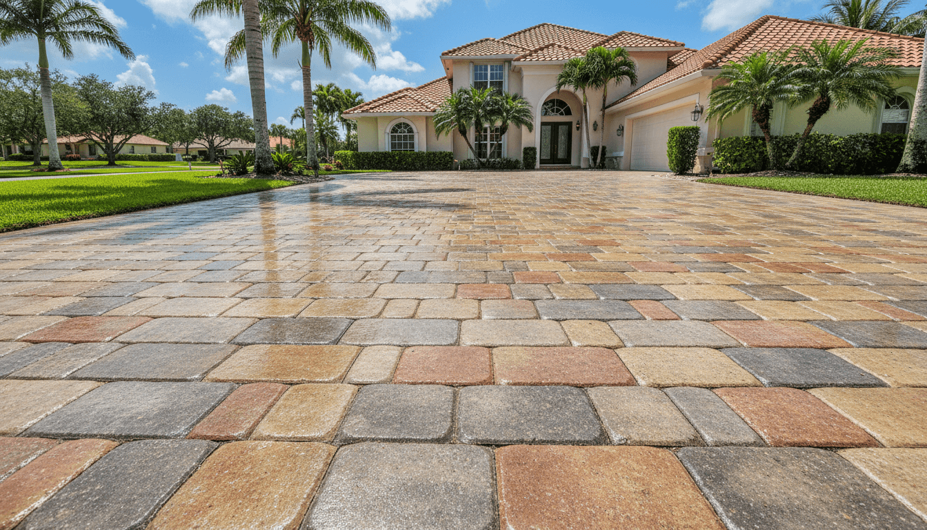 Freshly restored Florida paver driveway with clean sanded joints and glossy sealant.