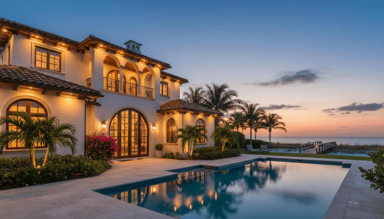 Warmly lit coastal Florida home at dusk with roofline accent lighting.