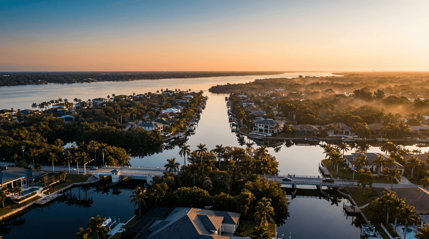 Aerial golden hour view of Cape Coral's canal grid system with palm-lined waterways and distant river horizon