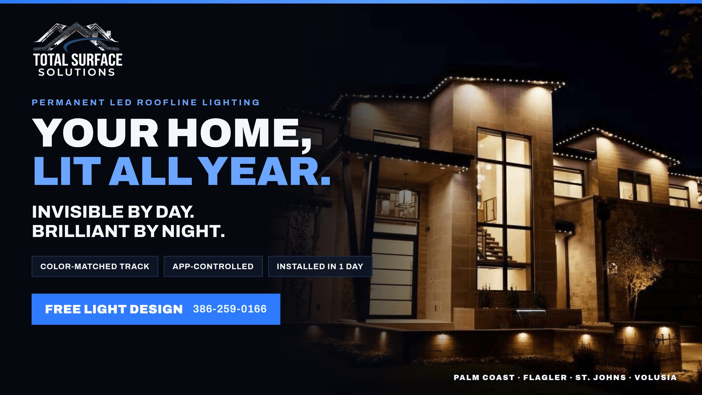 Modern house at night with permanent LED roofline lighting by Total Surface Solutions.