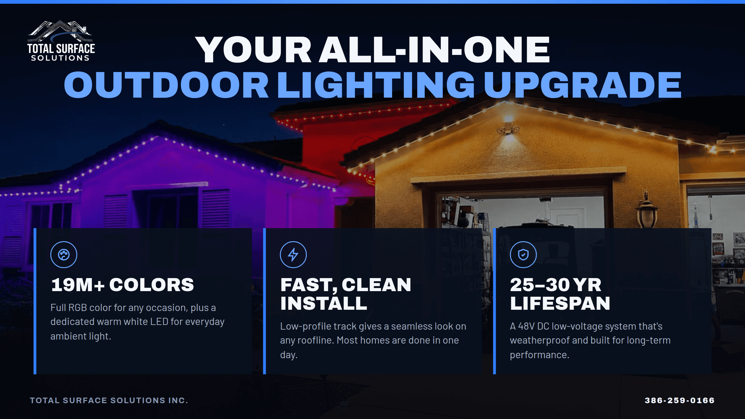 Outdoor lighting advertisement featuring a house with colorful roofline lights and key service benefits.