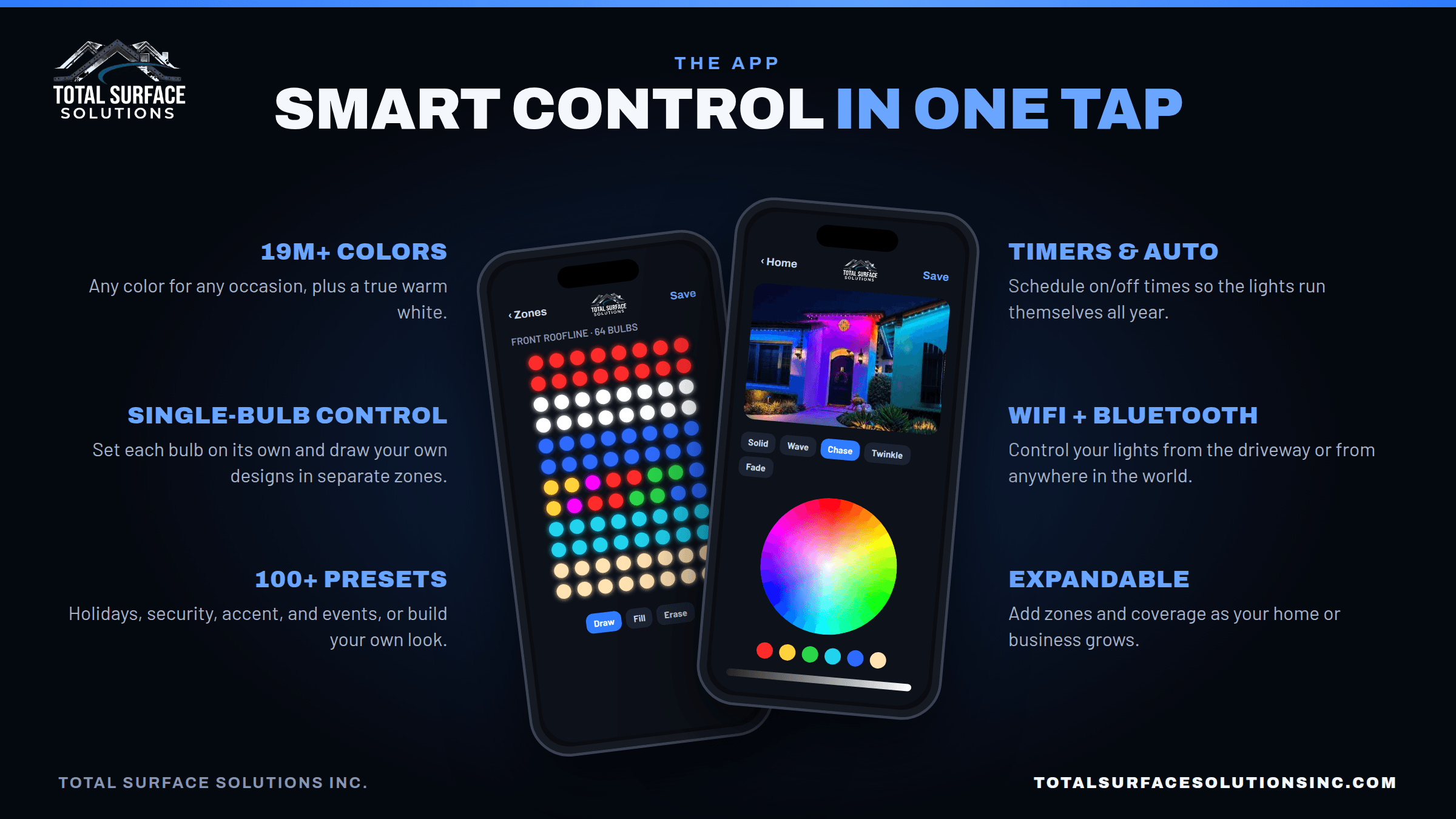 Smartphones displaying the Total Surface Solutions app for controlling customizable smart home exterior lighting.