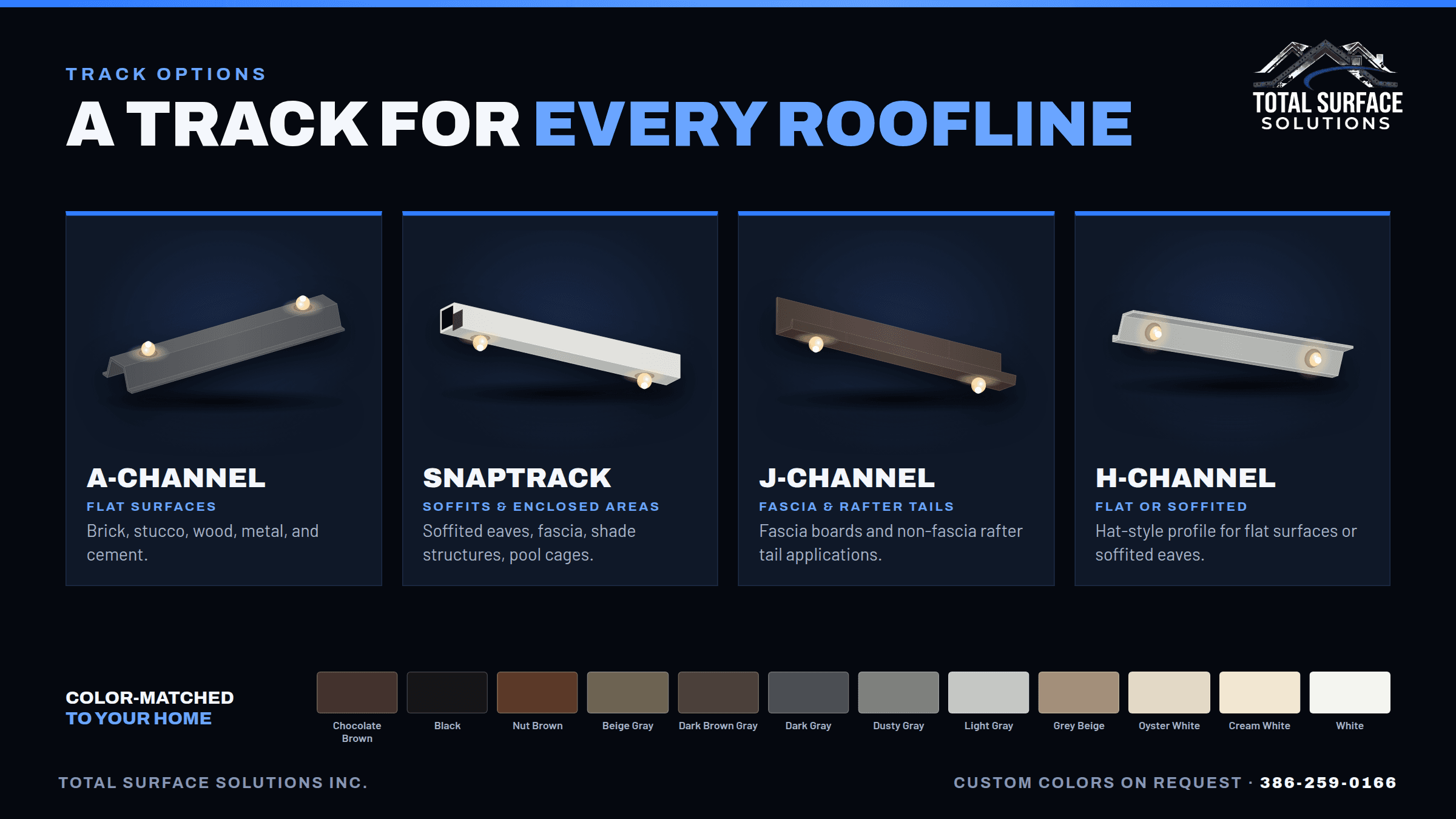 Roofline lighting track options: A-Channel, Snaptrack, J-Channel, and H-Channel with twelve color-matched swatches.