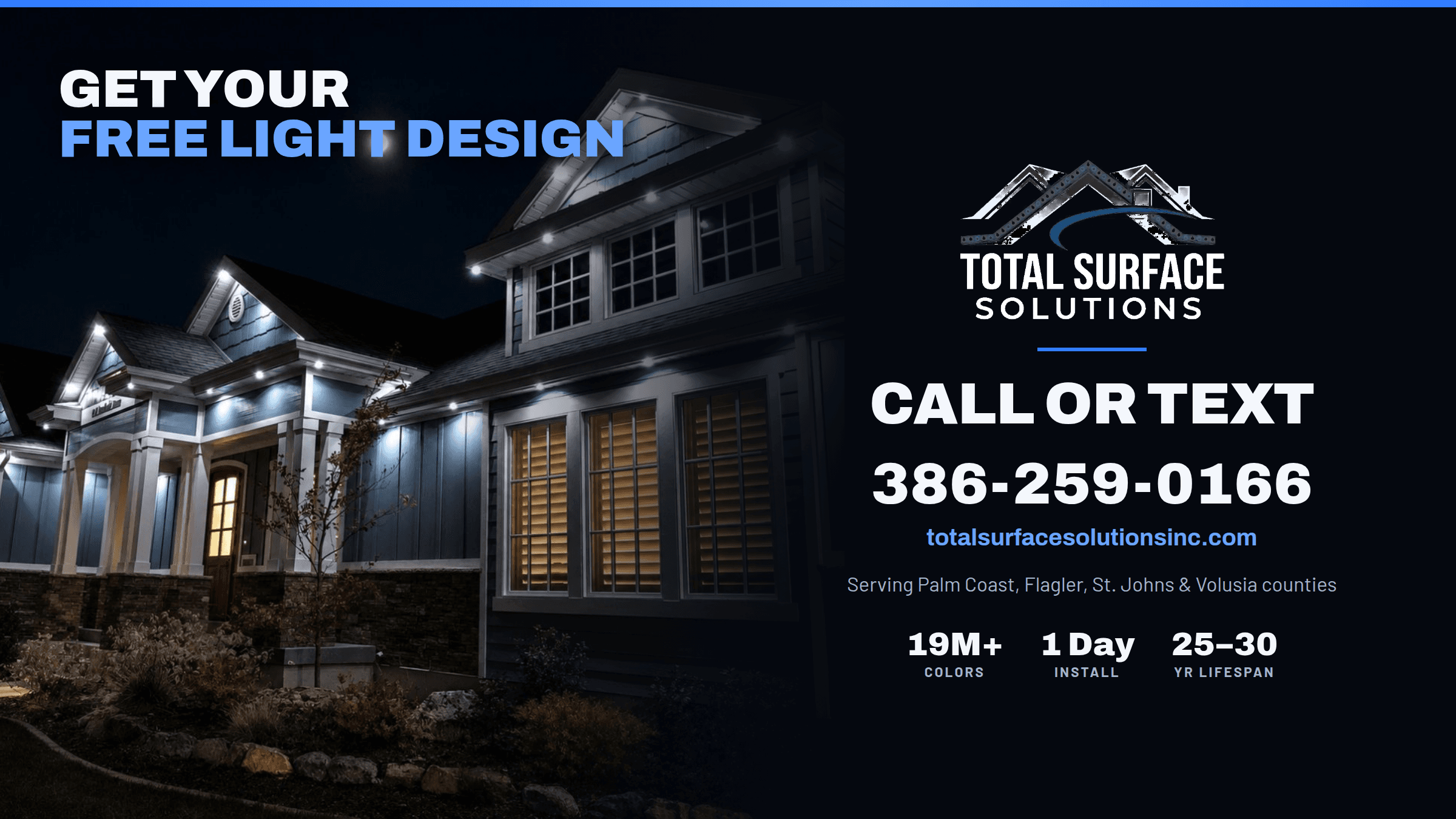 Total Surface Solutions advertisement featuring a house with custom exterior lighting and contact information.